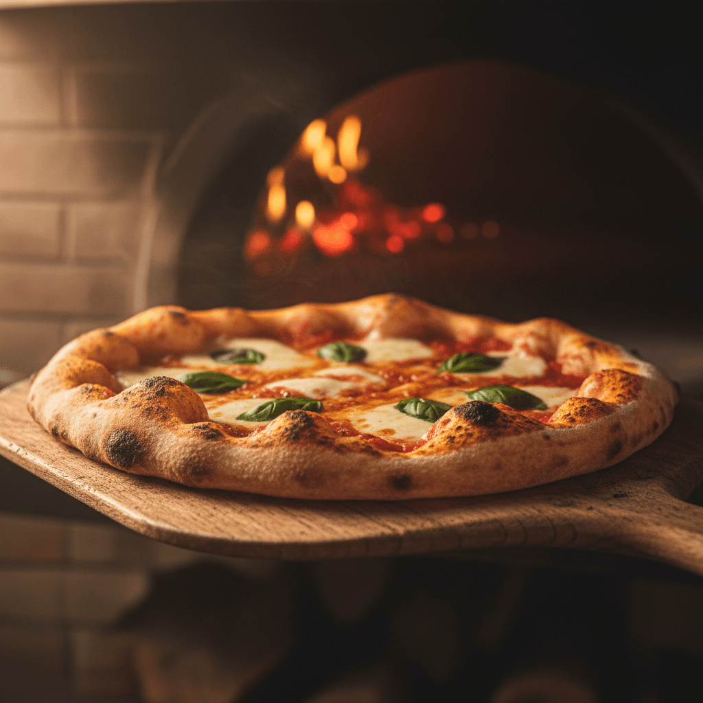 Freshly baked wood-fired pizza with charred crust and melted cheese