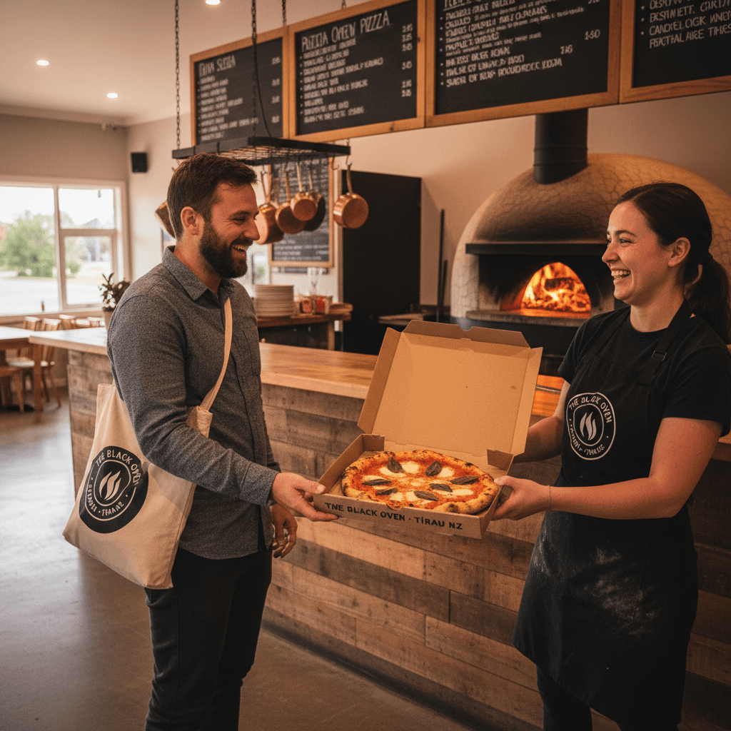 Customer receiving freshly prepared pizza in takeaway box from staff member at counter in casual pizzeria