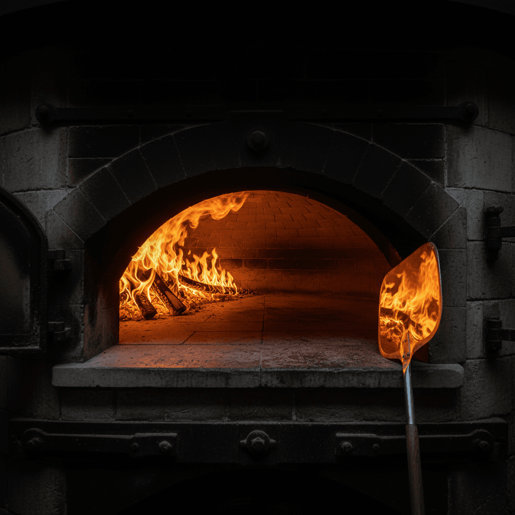 Traditional wood-fired oven with flames and glowing interior