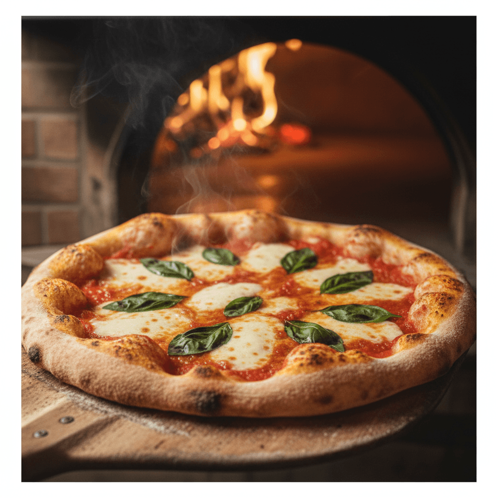Freshly baked New York-style pizza with melted cheese and basil emerging from brick oven with characteristic leopard-spotted crust