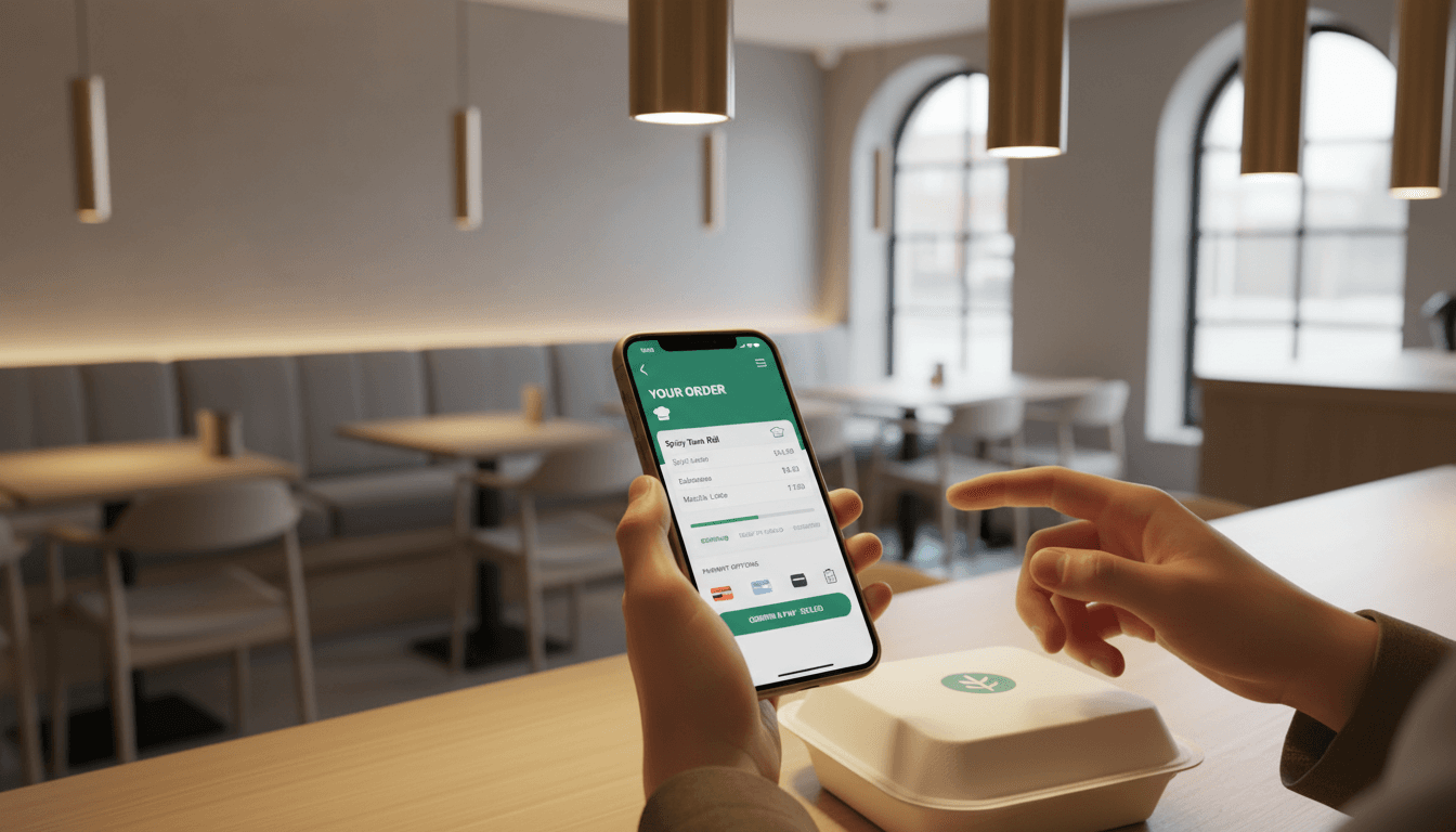 Customer using smartphone mobile app for online food ordering in modern contemporary dining environment with takeout service