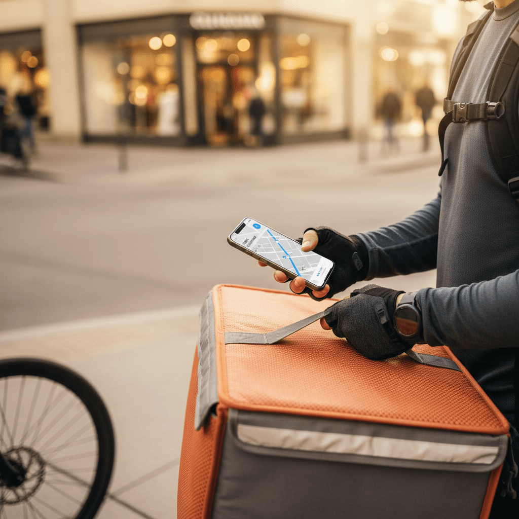 Delivery rider holding thermal food bag while checking mobile phone showing route map on urban street